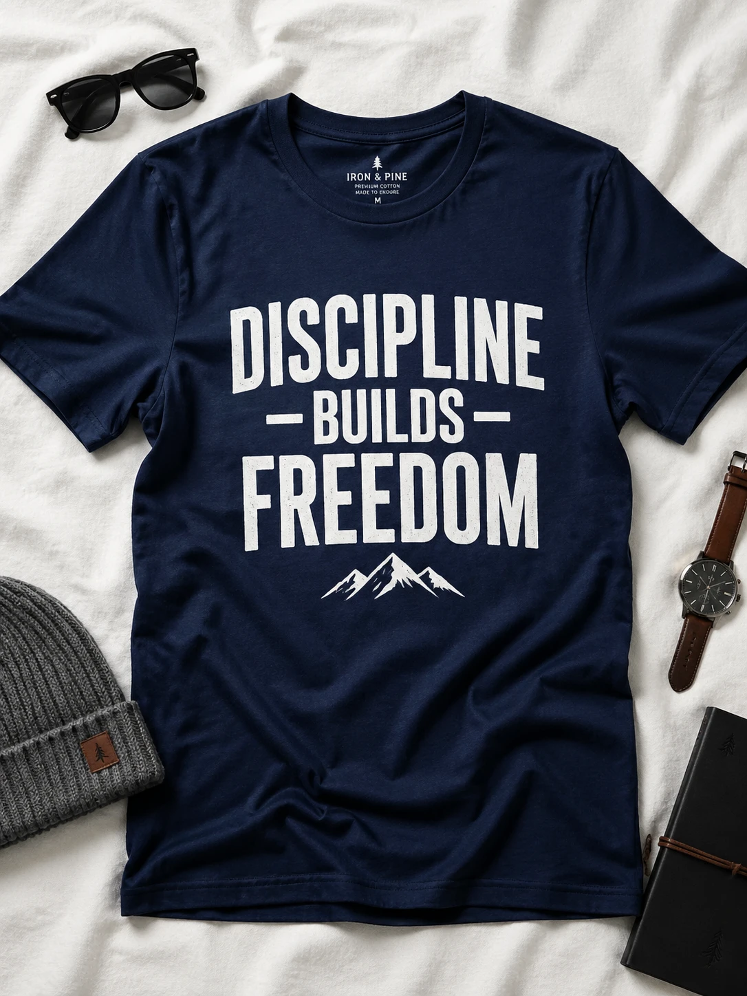 Flat lay composition of a premium cotton graphic t-shirt in navy blue with bold white slogan, laid flat on white linen fabric, surrounded by casual ac — GPT Image 2
