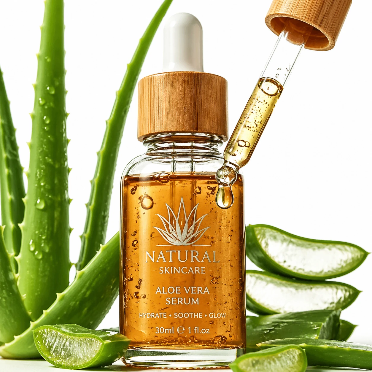 Product detail macro photo of a natural skincare serum dropper bottle, transparent glass revealing amber liquid with visible air bubbles, surrounded b — GPT Image 2
