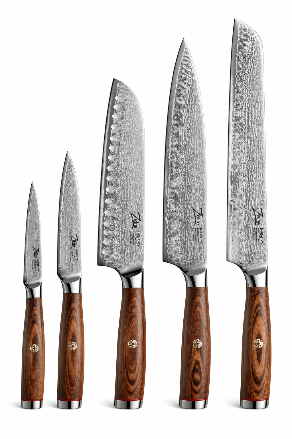 White background isolation of a professional chef's knife set with ergonomic handles in walnut wood, blades aligned precisely with razor-sharp edges r — GPT Image 2