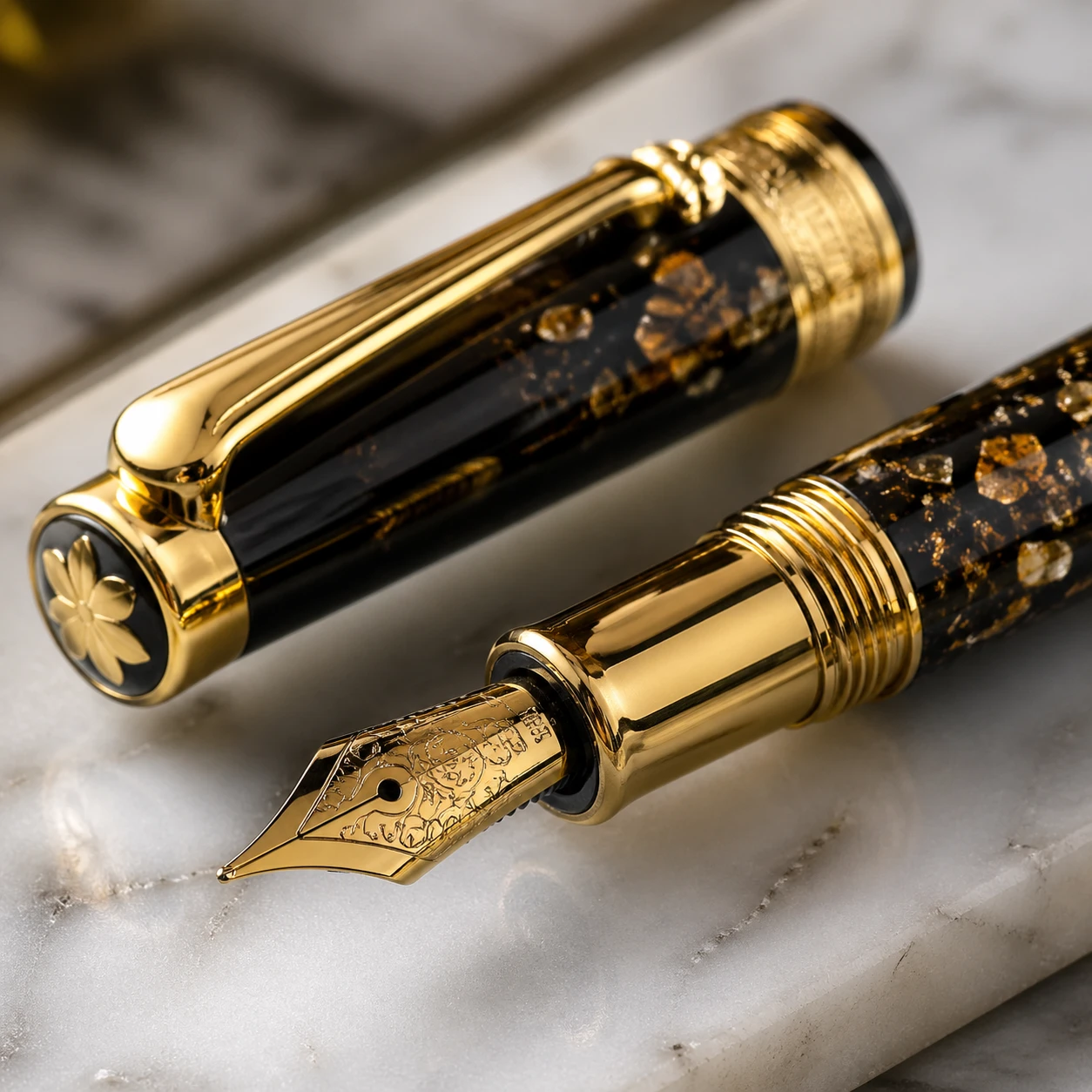 Close-up detail shot of a luxury gold-plated fountain pen on a white marble slab, intricate nib engraving and smooth resin barrel highlighted by soft  — GPT Image 2