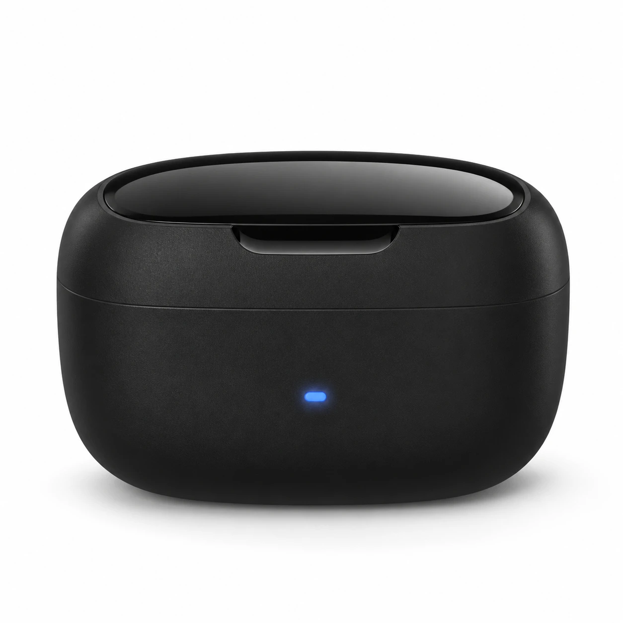 A pristine white background product photograph of a sleek matte black wireless earbuds charging case, centered composition with soft diffused lighting — GPT Image 2