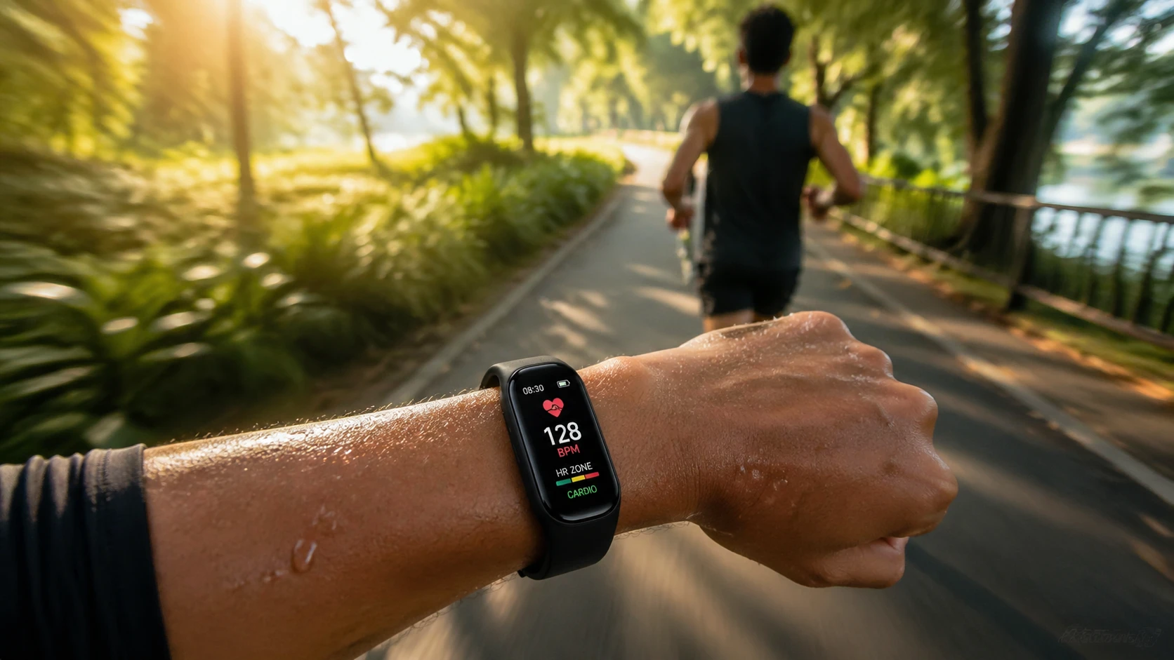 Lifestyle image of a fitness tracker smartwatch on a wrist during a morning jog in a lush park, vibrant green foliage and blurred motion trail behind, — GPT Image 2