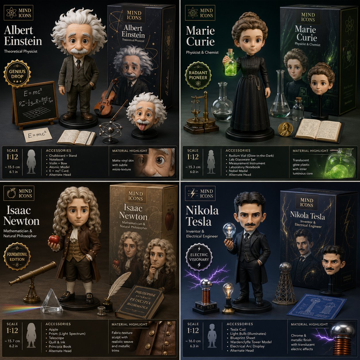 2x2 grid, do this for 4 famous scientists in history: Design a collector-grade launch visual for [TOY / FIGURE / DESIGNER OBJECT] shown in pristine he — GPT Image 2