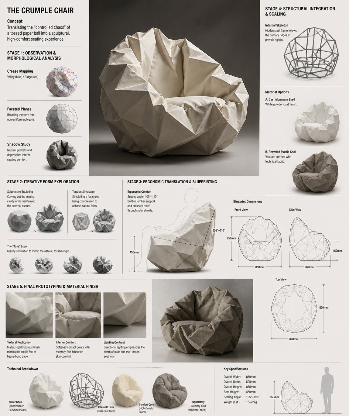 Design Concept: The Crumple Chair Core Philosophy: Translating the "controlled chaos" of a tossed paper ball into a sculptural, high-comfort seating e — GPT Image 2