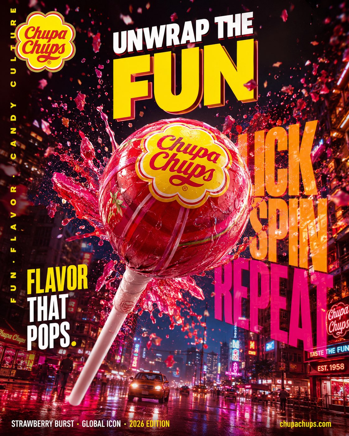 Hyper-realistic cinematic FMCG billboard advertising poster for Chupa Chups India, focusing on playful energy, bold flavor explosion, and Gen-Z candy  — GPT Image 2