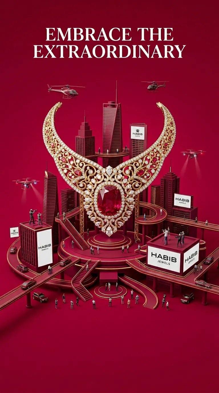 Create a hyper-detailed luxury advertising poster in a cinematic miniature-world style. A gigantic royal diamond necklace with intricate gold filigree — GPT Image 2