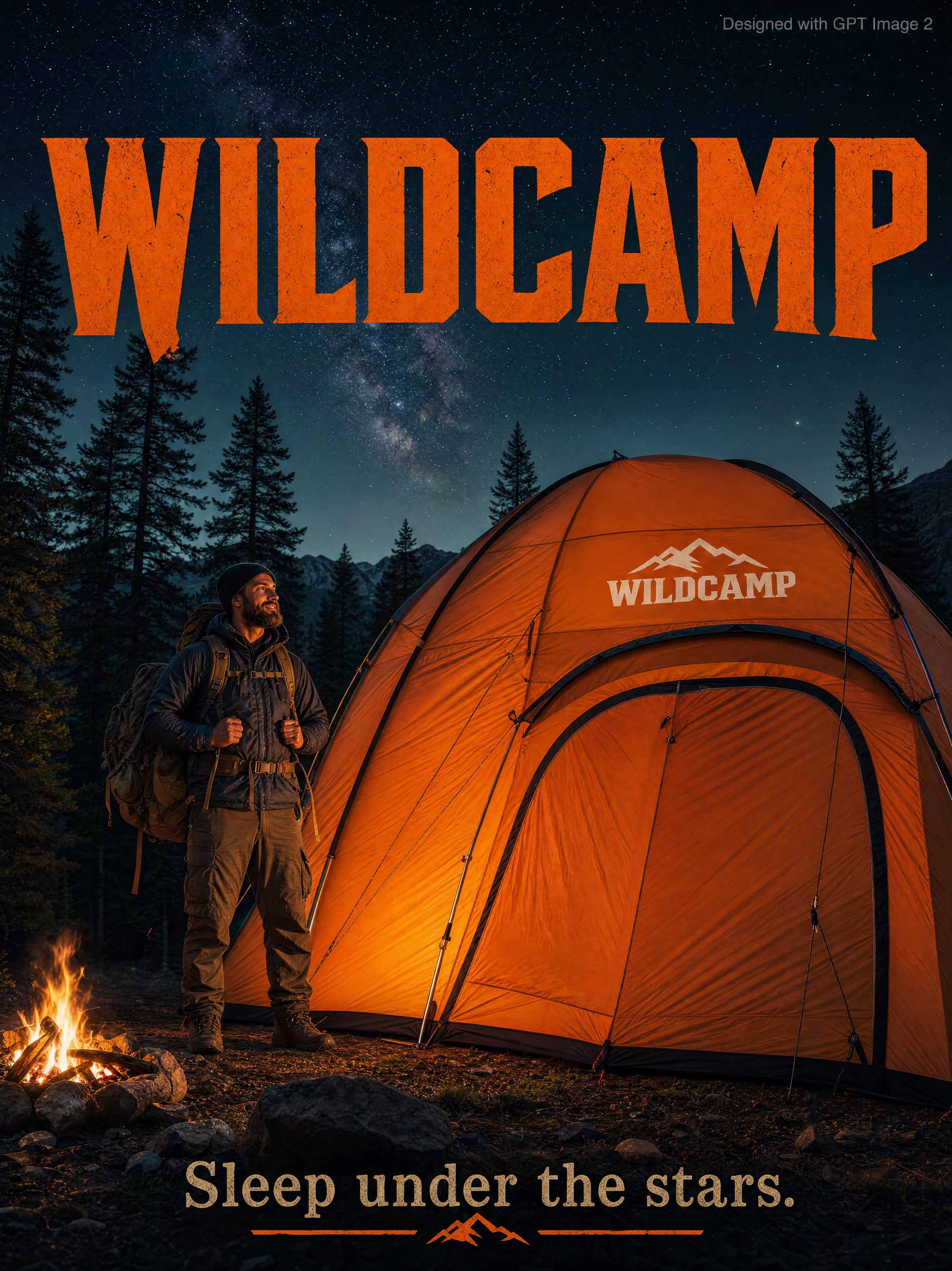 An outdoor adventure advertisement poster featuring a rugged bearded man in full hiking gear standing confidently beside a massive orange camping tent — GPT Image 2