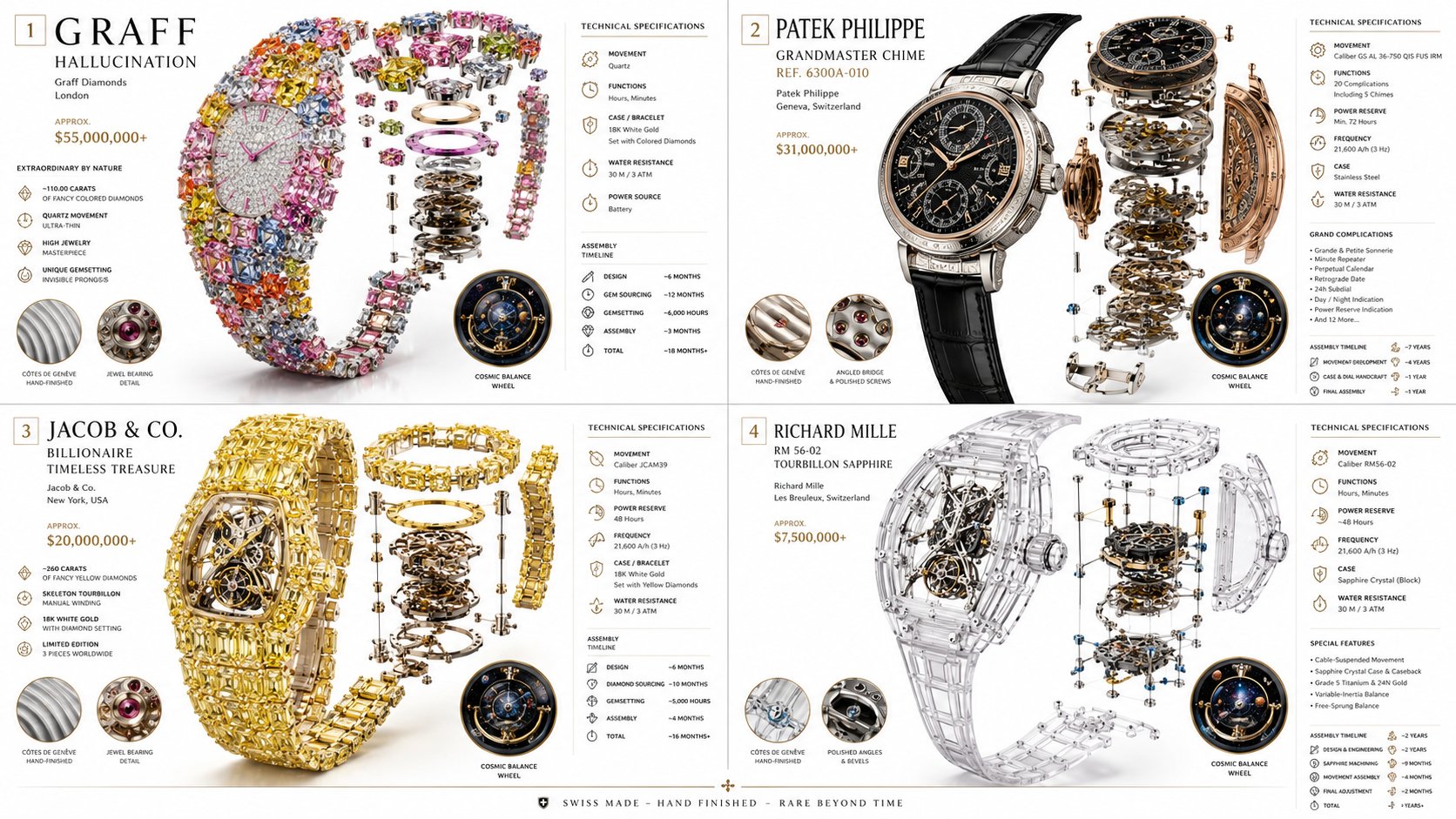 2x2 grid 16:9, do this for 4 most expensive strangest watches ever made:

class Haute_Horlogerie_DNA:
    def __init__(self):
        self.subject = " — GPT Image 2