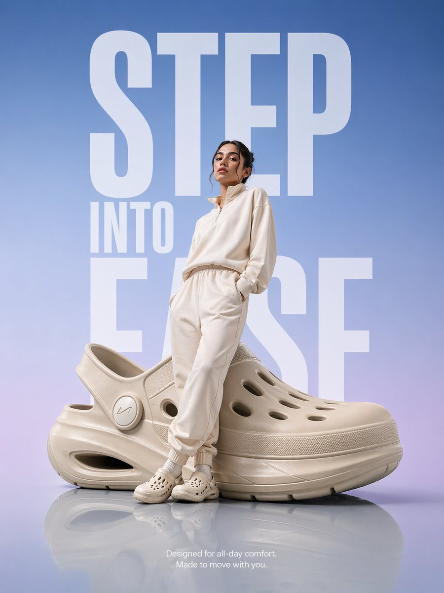 Hyper-realistic premium product advertisement: an oversized futuristic comfort clog sits on a smooth glossy reflective floor. A modern model in soft n — GPT Image 2