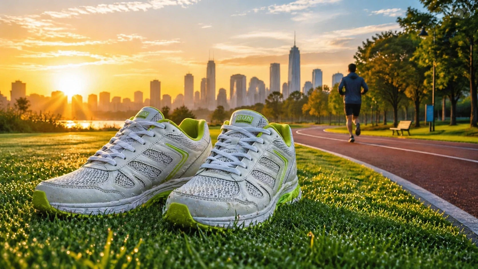 Expertly composite the running shoes onto the dewy grass in the foreground, as if just removed after a jog, add realistic wet grass blades sticking to — GPT Image 2