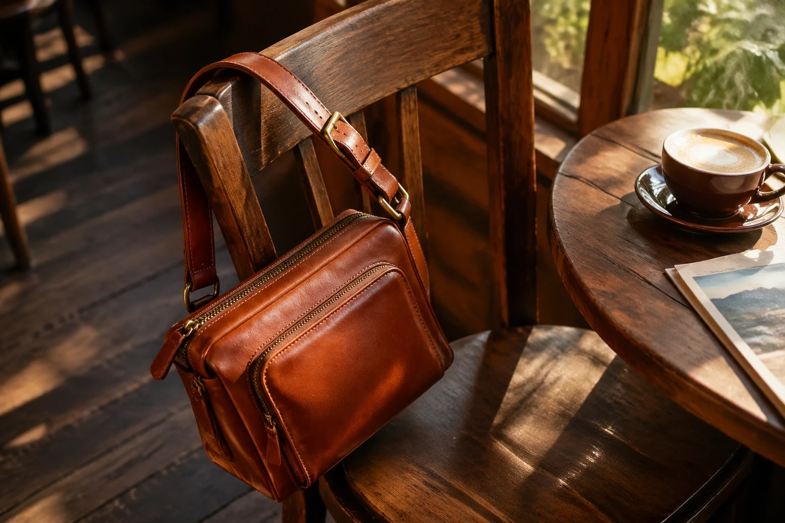 Lifestyle scene of a stylish leather crossbody bag in cognac brown slung over a wooden chair in a cozy cafe setting, warm golden hour sunlight filteri — GPT Image 2