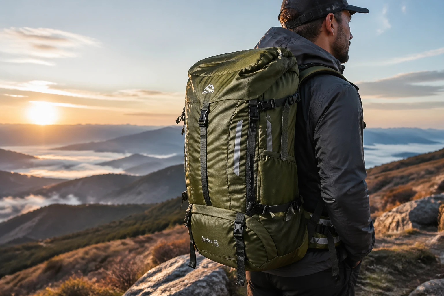 Outdoor lifestyle photo of a waterproof hiking backpack in olive green, strapped to a hiker on a mountain trail at dawn, misty valleys below, rugged n — GPT Image 2