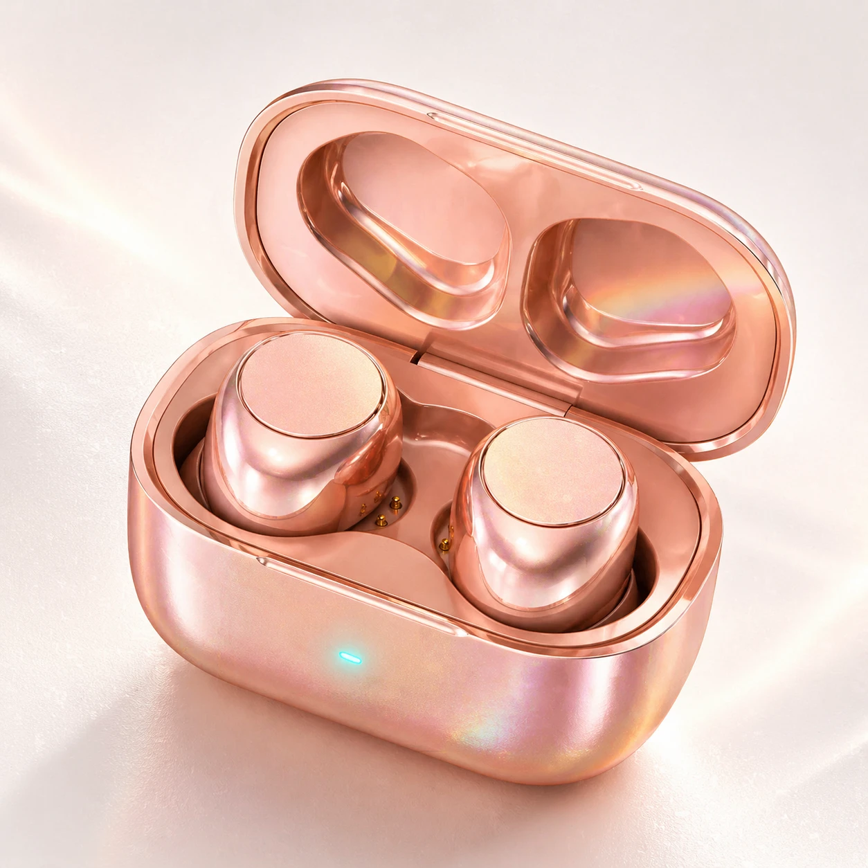 Transform to rose gold finish on earbuds and case, infuse iridescent shimmer effect, position case tilted dynamically, amplify LED to pulsing cyan lig — GPT Image 2
