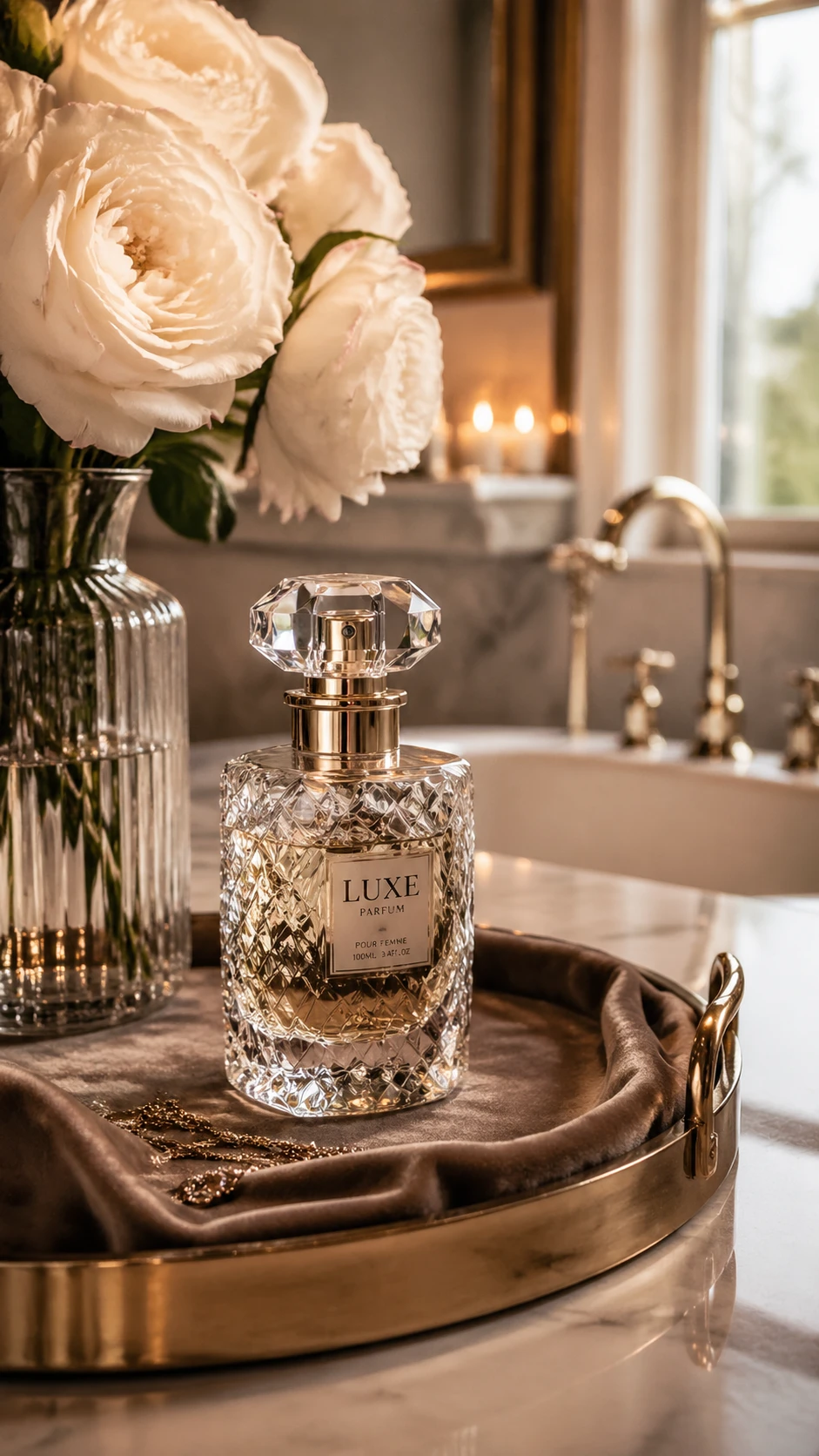 Elegant lifestyle scene of a crystal perfume bottle on a velvet tray beside a vase of white roses in a luxurious bathroom, soft candlelight and window — GPT Image 2